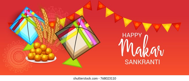 Vector illustration of a Banner for Makar Sankranti Celebration with Colorful Kites.