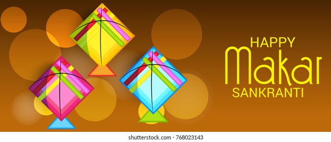 Vector illustration of a Banner for Makar Sankranti Celebration with Colorful Kites.