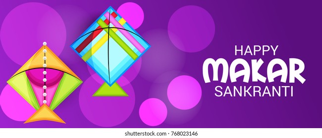 Vector illustration of a Banner for Makar Sankranti Celebration with Colorful Kites.