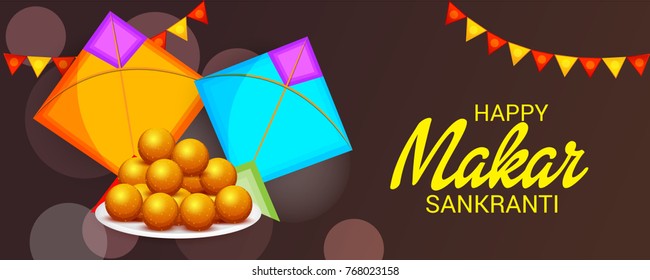Vector illustration of a Banner for Makar Sankranti Celebration with Colorful Kites.