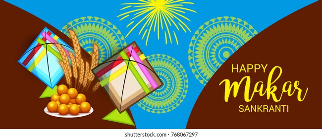 Vector illustration of a Banner for Makar Sankranti Celebration with Colorful Kites.