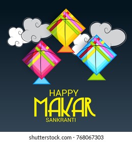 Vector illustration of a Banner for Makar Sankranti Celebration with Colorful Kites.