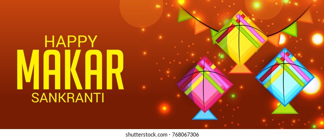 Vector illustration of a Banner for Makar Sankranti Celebration with Colorful Kites.