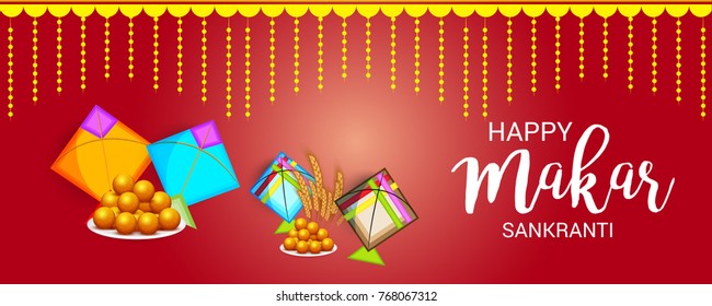 Vector illustration of a Banner for Makar Sankranti Celebration with Colorful Kites.