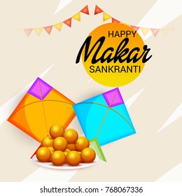 Vector illustration of a Banner for Makar Sankranti Celebration with Colorful Kites.