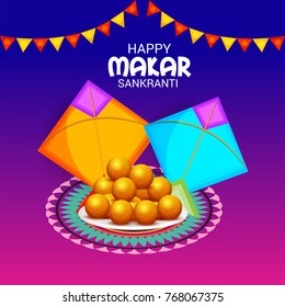 Vector illustration of a Banner for Makar Sankranti Celebration with Colorful Kites.