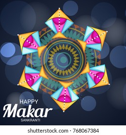 Vector illustration of a Banner for Makar Sankranti Celebration with Colorful Kites.