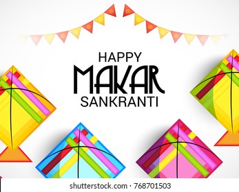 Vector illustration of a Banner for Makar Sankranti Celebration with Colorful Kites.