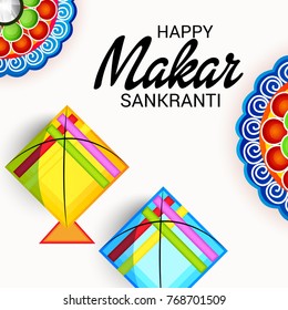 Vector illustration of a Banner for Makar Sankranti Celebration with Colorful Kites.