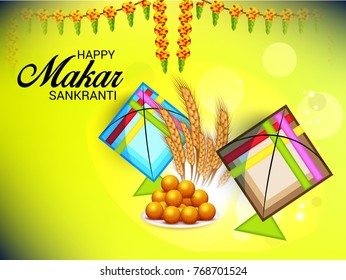 Vector illustration of a Banner for Makar Sankranti Celebration with Colorful Kites.