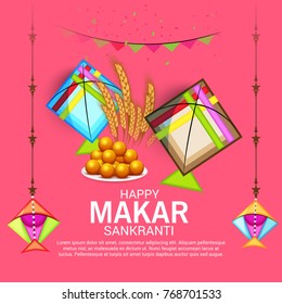 Vector illustration of a Banner for Makar Sankranti Celebration with Colorful Kites.
