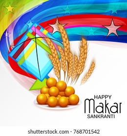 Vector illustration of a Banner for Makar Sankranti Celebration with Colorful Kites.