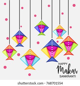 Vector illustration of a Banner for Makar Sankranti Celebration with Colorful Kites.