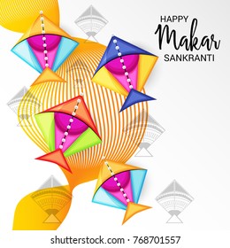 Vector illustration of a Banner for Makar Sankranti Celebration with Colorful Kites.