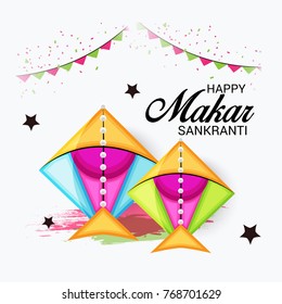 Vector illustration of a Banner for Makar Sankranti Celebration with Colorful Kites.