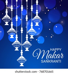 Vector illustration of a Banner for Makar Sankranti Celebration with Colorful Kites.