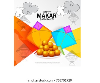 Vector illustration of a Banner for Makar Sankranti Celebration with Colorful Kites.