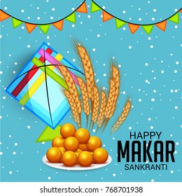 Vector illustration of a Banner for Makar Sankranti Celebration with Colorful Kites.