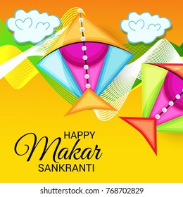 Vector illustration of a Banner for Makar Sankranti Celebration with Colorful Kites.