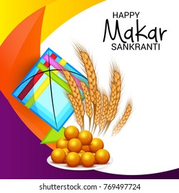 Vector illustration of a Banner for Makar Sankranti Celebration with Colorful Kites.