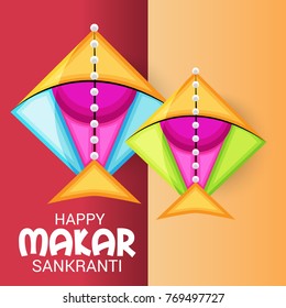 Vector illustration of a Banner for Makar Sankranti Celebration with Colorful Kites.