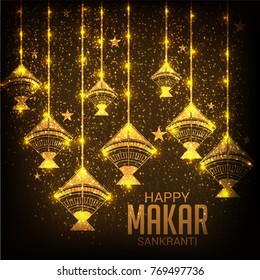 Vector illustration of a Banner for Makar Sankranti Celebration with Colorful Kites.