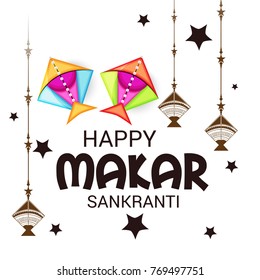 Vector illustration of a Banner for Makar Sankranti Celebration with Colorful Kites.