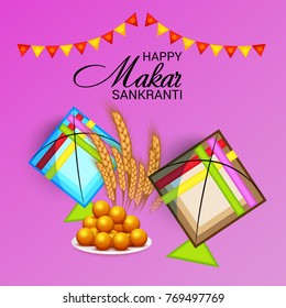 Vector illustration of a Banner for Makar Sankranti Celebration with Colorful Kites.