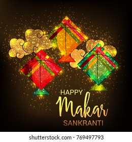 Vector illustration of a Banner for Makar Sankranti Celebration with Colorful Kites.