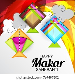 Vector illustration of a Banner for Makar Sankranti Celebration with Colorful Kites.
