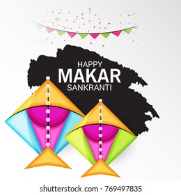 Vector illustration of a Banner for Makar Sankranti Celebration with Colorful Kites.