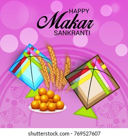 Vector illustration of a Banner for Makar Sankranti Celebration with Colorful Kites.