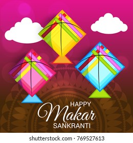 Vector illustration of a Banner for Makar Sankranti Celebration with Colorful Kites.