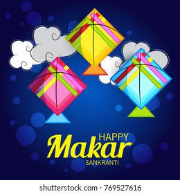 Vector illustration of a Banner for Makar Sankranti Celebration with Colorful Kites.