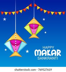 Vector illustration of a Banner for Makar Sankranti Celebration with Colorful Kites.