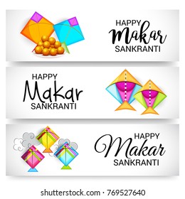 Vector illustration of a Banner for Makar Sankranti Celebration with Colorful Kites.