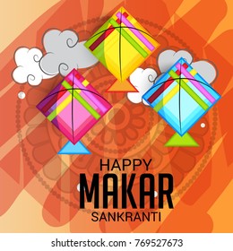 Vector illustration of a Banner for Makar Sankranti Celebration with Colorful Kites.