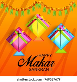 Vector illustration of a Banner for Makar Sankranti Celebration with Colorful Kites.