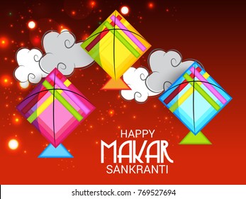 Vector illustration of a Banner for Makar Sankranti Celebration with Colorful Kites.