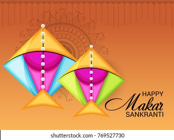 Vector illustration of a Banner for Makar Sankranti Celebration with Colorful Kites.