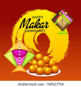 Vector illustration of a Banner for Makar Sankranti Celebration with Colorful Kites.