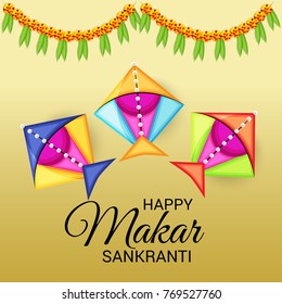 Vector illustration of a Banner for Makar Sankranti Celebration with Colorful Kites.