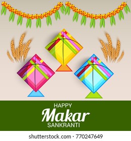 Vector illustration of a Banner for Makar Sankranti Celebration with Colorful Kites.
