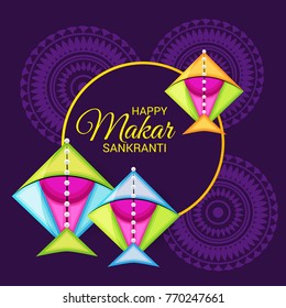 Vector illustration of a Banner for Makar Sankranti Celebration with Colorful Kites.