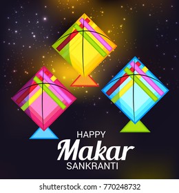 Vector illustration of a Banner for Makar Sankranti Celebration with Colorful Kites.
