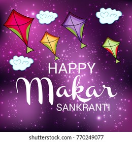 Vector illustration of a Banner for Makar Sankranti Celebration with Colorful Kites.