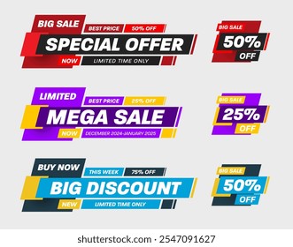 Ilustração vetorial de banner com mega venda, 25%, 50% desconto, formas geométricas da etiqueta de preço de cor, EPS10. Modelo de folheto com oferta de tempo limitado, cartaz para promoção de negócios, publicidade. Definir