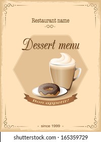 vector illustration banner menu with cup  of cappuccino with donut on the vintage background- eps10