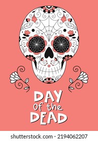 Vector illustration. Banner with Mexican skull, ornament and flowers. Sugar skull. Lettering for the Day of the Dead. Poster. Card. Female skull.