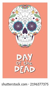 Vector illustration. Banner with Mexican skull, ornament and flowers. Sugar skull. Lettering for the Day of the Dead. Poster. Card. Female skull.
